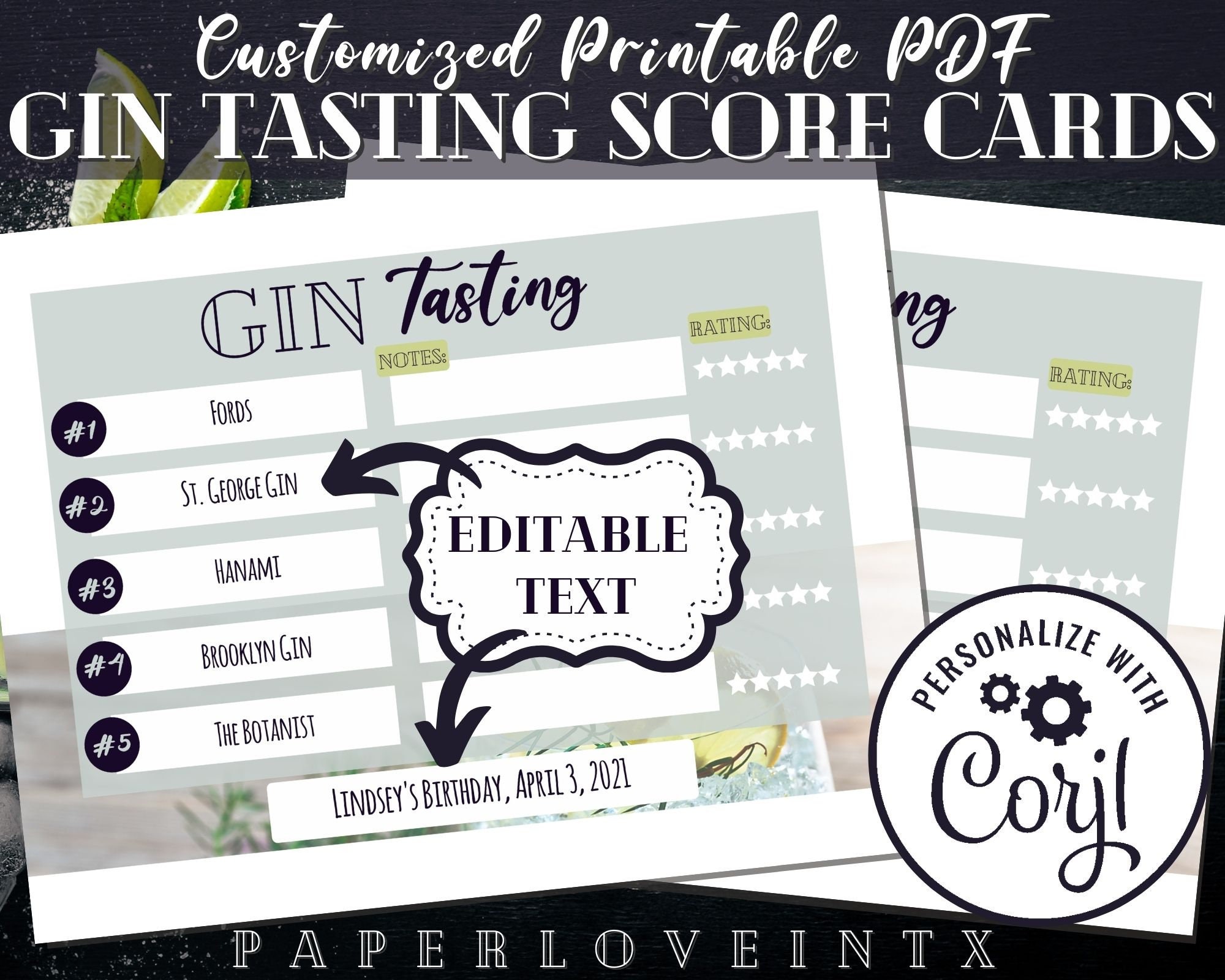 Editable Gin Tasting Score Card Printable PDF Digital Download 8.5x11
