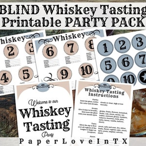 Paquete de fiesta imprimible de degustación de whisky a ciegas, archivos PDF con cartel de bienvenida, instrucciones de degustación, etiquetas de botellas y tarjetas de puntuación para 5 a 10 selecciones