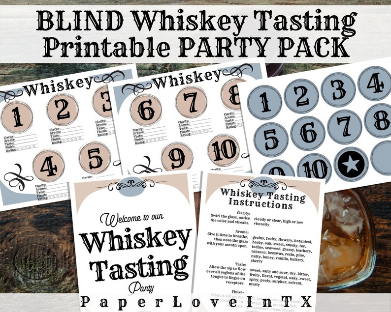 Pu&ograve; includere: Pacchetto di festa stampabile per una degustazione di whisky alla cieca. Il pacchetto include dieci cerchi numerati, un cartello di benvenuto e istruzioni per la degustazione di whisky. Le istruzioni includono categorie per la chiarezza, l'aroma, il gusto e il finale.