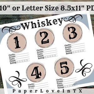 Pu&ograve; includere: Foglio di degustazione di whisky stampabile con cinque cerchi numerati e scale di valutazione per la limpidezza, l'aroma, il gusto, il finale e la valutazione generale. Il foglio &egrave; intitolato "Whisky" e ha un fiocco decorativo in alto e in basso.