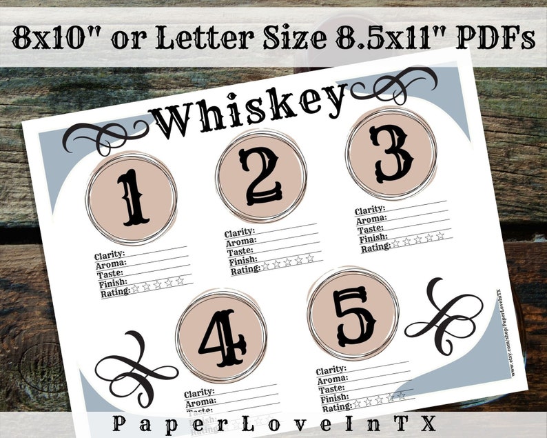 Pu&ograve; includere: Foglio di degustazione di whisky stampabile con cinque cerchi numerati e scale di valutazione per la limpidezza, l'aroma, il gusto, il finale e la valutazione generale. Il foglio &egrave; intitolato "Whisky" e ha un fiocco decorativo in alto e in basso.