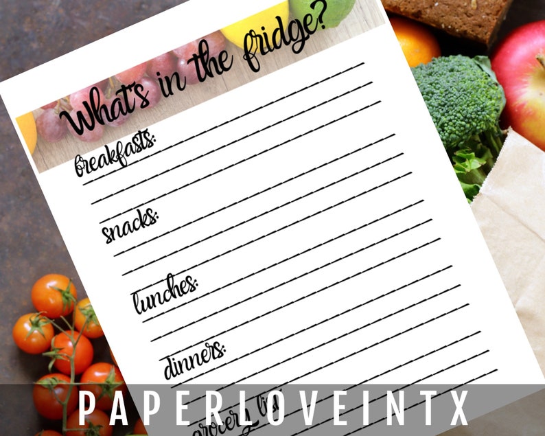 Printable Meal Planner and Grocery List, What's in the Fridge? Letter ...