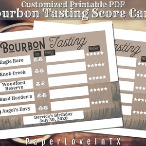Tarjeta de puntuación de degustación de bourbon editable PDF imprimible 8.5x11" y 8x10" para 10 muestras de bourbon