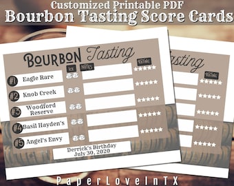 Scheda punteggio di degustazione di Bourbon modificabile PDF stampabile 8,5x11" e 8x10" per 10 campioni di Bourbon