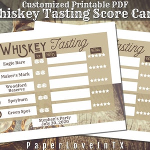Bewerkbare Whiskey Tasting Score Card Afdrukbare PDF 8.5x11" en 8x10" voor 10 Whiskey Samples