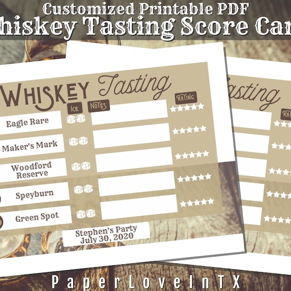 Editable Whiskey Tasting Score Card Printable PDF 8.5x11" and 8x10" for 10 Whiskey Samples