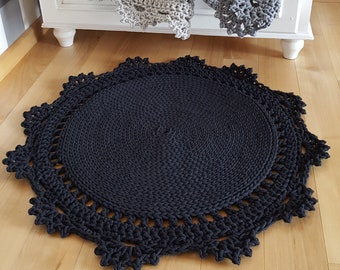 Black doily rug,  small round carpet, crochet play mat, cute rug for kid