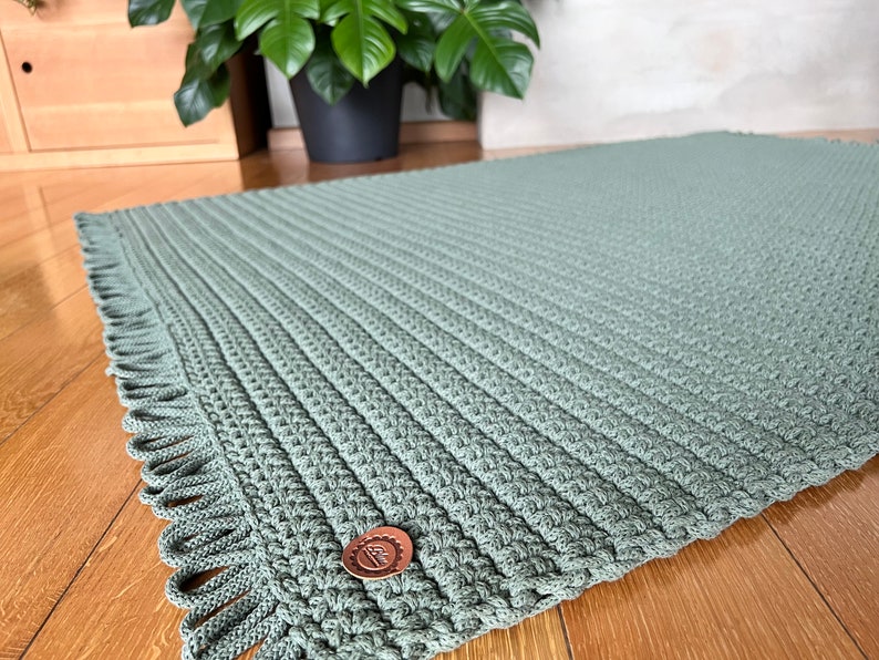 Rechteckiger gehäkelter Teppich mit Fransen, Handgeknüpfter Teppich aus Baumwolle, salbeigrüne Badezimmermatte, einfacher Fadenteppich Bild 5