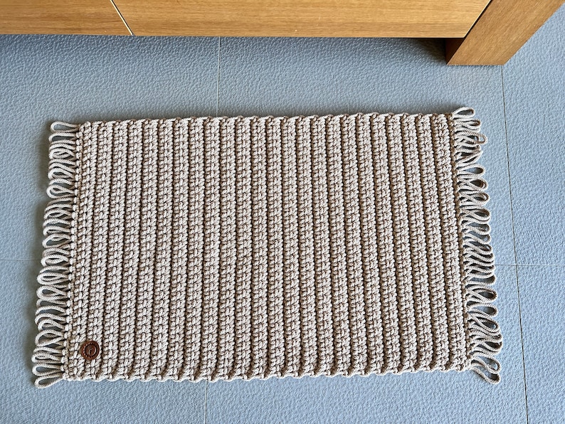 Rectangular crochet rug with fringes, cotton handmade rug, beige bathroom mat, simple string rug image 5