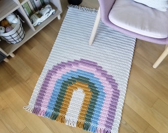 AUSVERKAUF! Gehäkelter Teppich Regenbogen 80x120cm, rechteckig mit Fransen, Teppich aus Baumwolle für Kinderzimmer