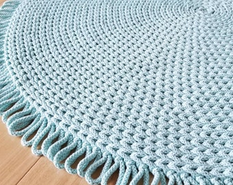 Handmade round rug with fringe, crochet play mat, boho bedroom decoration, kids rug, pastel decor