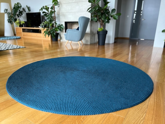 Handmade crochet rug round, blue petrol, natural carpet, scandinavian rug, neutral minimalist decor.
