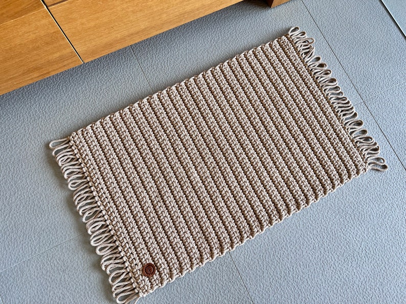 Tapis rectangulaire au crochet avec franges, tapis fait main en coton, tapis de salle de bain beige, tapis à cordes simples image 3