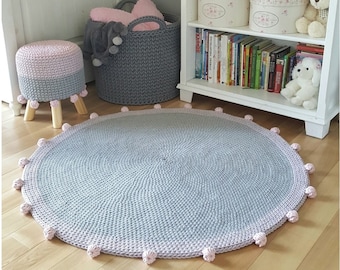 Tappeto con pompon, decorazione per la cameretta dei bambini, tappeto in cotone per una sala giochi, tappeto fatto a mano.