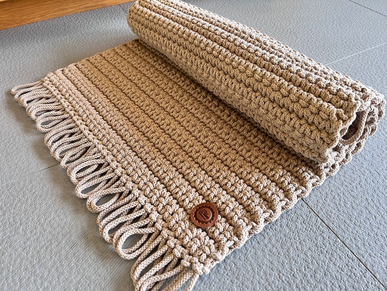 Rectangular crochet rug with fringes, cotton handmade rug, beige bathroom mat, simple string rug image 2