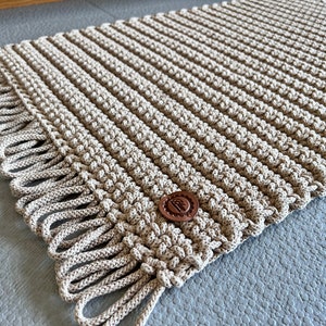 Rectangular crochet rug with fringes, cotton handmade rug, beige bathroom mat, simple string rug image 1