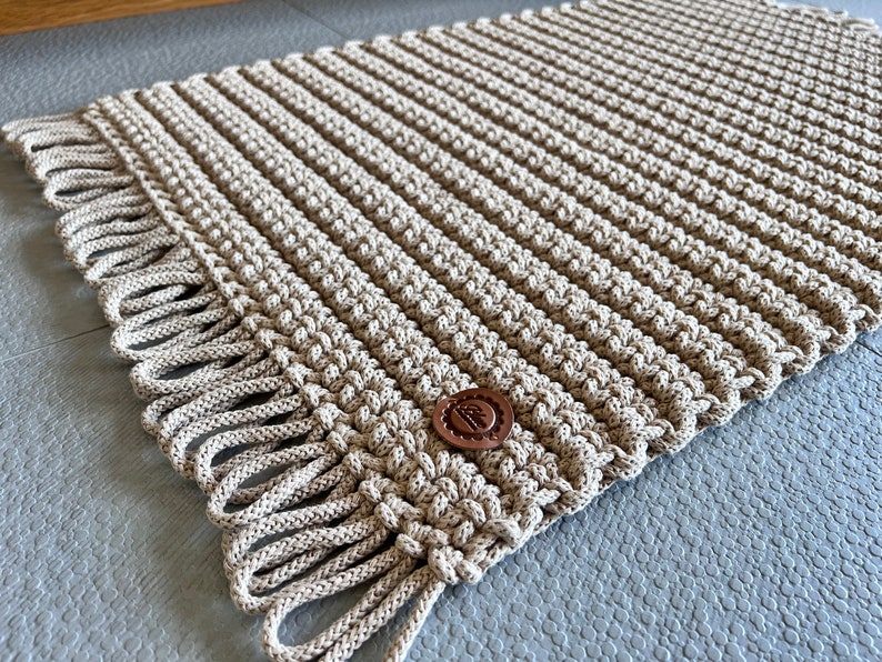 Rectangular crochet rug with fringes, cotton handmade rug, beige bathroom mat, simple string rug image 1