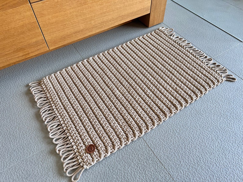 Rectangular crochet rug with fringes, cotton handmade rug, beige bathroom mat, simple string rug image 4