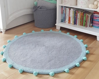 Tappeto con pompon, decorazione per la cameretta dei bambini, tappeto in cotone per una sala giochi, tappeto fatto a mano.