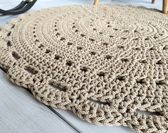 Beige gehäkelter Teppich, runde Spielmatte aus Baumwolle, handgemachter Boho Teppich für drinnen