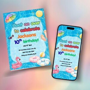 May include: A birthday invitation and a smartphone showing the same design. The invitation and phone screen display the text "Float on over to celebrate Jacksons 10th birthday!" with pool-themed graphics, including a flamingo and a donut.