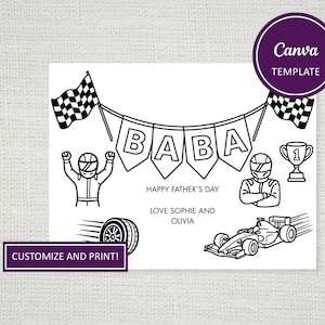 May include: Black and white Father's Day card with racing theme. Features checkered flags, race car illustrations, and the word "BABA" in banner letters. Includes text "Happy Father's Day" and "Love Sophie and Olivia".