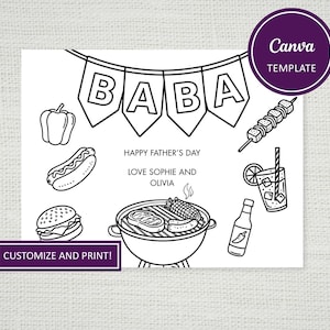 May include: Black and white line art Father's Day card with the word "BABA" on a banner. Includes illustrations of a grill, food, and drinks. Text reads "Happy Father's Day, Love Sophie and Olivia".