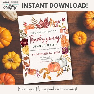 Editable Thanksgiving Party Invitation, Printable Thanksgiving Invitation, Edit with Canva, Floral Thanksgiving Invitation, Template