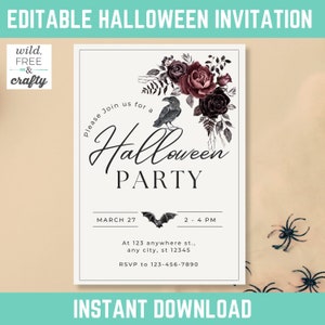Editable Halloween Party Invitation, Printable Halloween Invitation, Edit with Canva, Vintage Antique Halloween Crow Bat Flowers