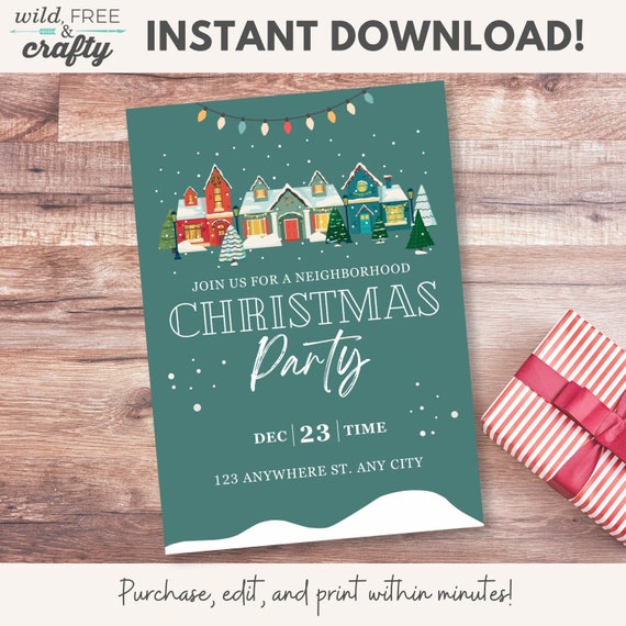 Editable Printable Christmas Invitation, Neighborhood Christmas Block Party Invitation you can Download and Edit Instant in Canva