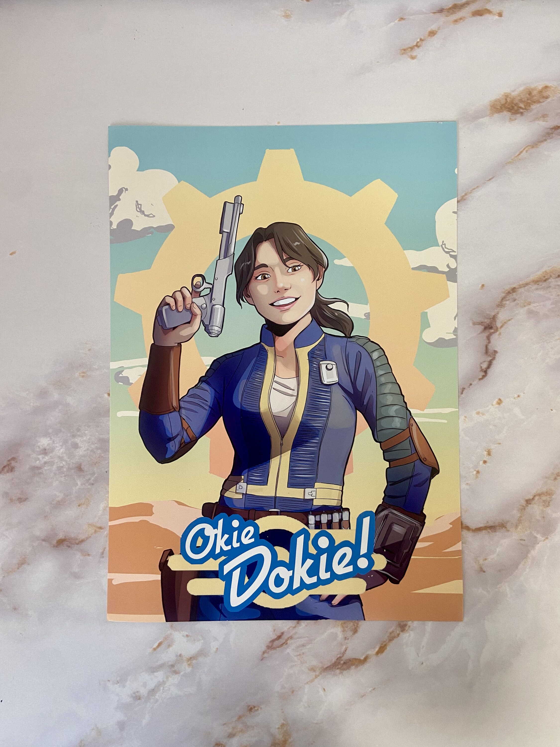 Lucy “Okie Dokie!” Art Print | A4/A5 Fallout-Inspired Poster | Vault Suit Illustration | Glossy Art Print | Beefbeff Art