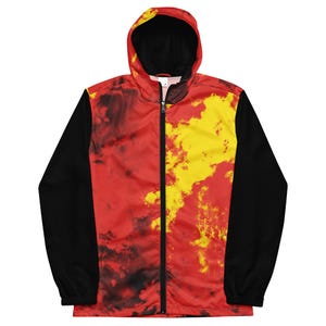 May include: A hooded windbreaker jacket with a striking abstract design. The jacket has a split design with red and yellow cloud-like patterns on the front and hood, and solid black sleeves. It has a full-length zip.