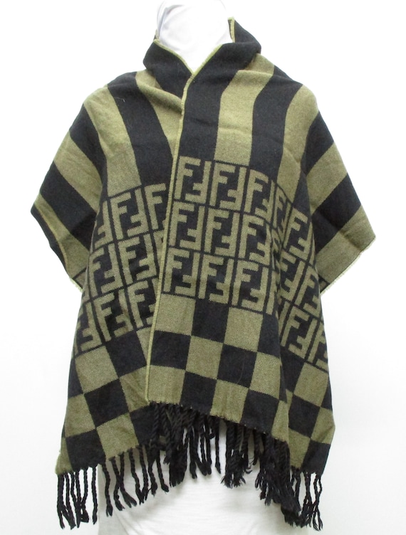 0502 Fendi Khaki Black Long Rectangle Wool Muffler