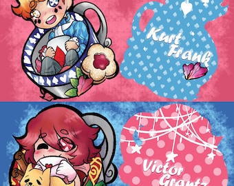 May include: Two illustrated characters, one with red hair and the other with red hair, are sitting in teacups. The character with red hair is holding a small white cat. The character with red hair is holding a white card with a red heart on it. The background is a pink and blue pattern.
