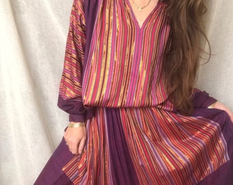 Vintage Anastasia Paris, Blouse and Skirt Set, Fluid, Gold Stripes, Designer French Vintage, Size Small, 26.5 inch High Waist Skirt