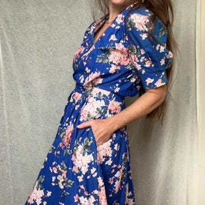 Vintage 80s Carol Anderson Floral Dress, Puff Shoulder, Pleated, Pockets, Full Sweep, Size Small/Medium