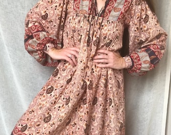 Vintage Indian Cotton Gauze Dress, Big Balloon Sleeves, Block Print Maxi Dress, Gold Stamp, Size Small/Medium