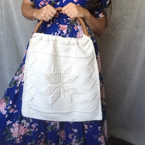 Vintage 70s Macrame Handbag, Knobby Knit, Top Handle, Boho Bag, 16 inches by 16 inches