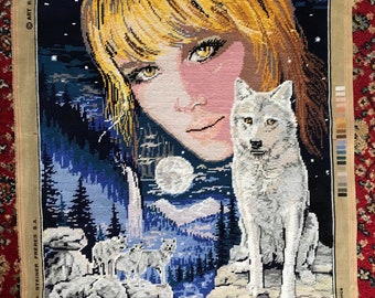Grote vintage Needlepoint, Night of Wolves, Royal Paris, Franse Needlepoint, voltooid, begin jaren 90, 21x27 inch