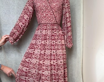 Vintage 70er Jahre Phool Indisches Baumwoll Gaze Kleid, XS Block Print Gestepptes Mieder