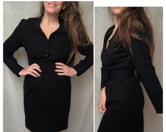 Vintage 80s Laura Ashley, Black, Wool, Belted Dress, Knee Length, Sophisticated, Classic, Winter, Little Black Dress, Size Sm/Med