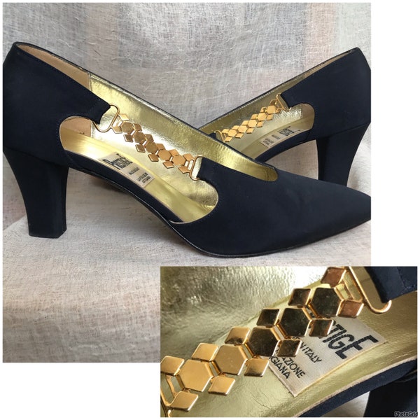 Vintage Italian Heels, Matte Sateen, Leather Pumps with Gold Chain Detail, Pointed Snip Toe, Prestige, Made in Italy, Size EU 38