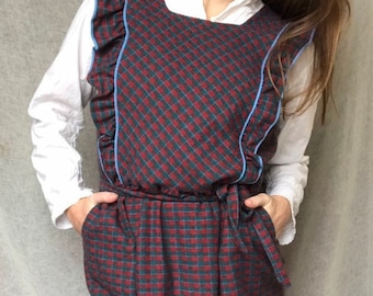 Vestido estilo pichi de lana a cuadros vintage de los años 80: hombros con volantes, talla grande