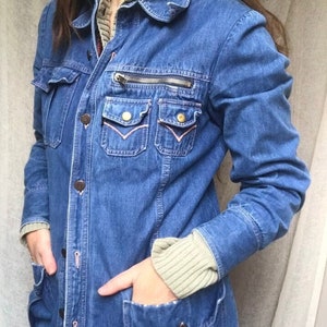 Vintage 70s Denim Jacket: Plaid Lined Indigo Jean Coat, Size Large