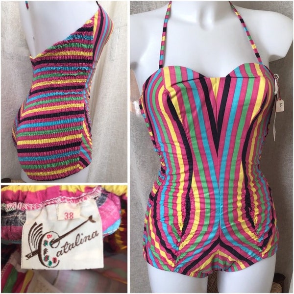 New With Tags, Vintage 1950s Catalina Swimsuit, New Old Stock, Pin Up Style, Striped One Piece, Made in California, Sizes XS/Small, Rare!