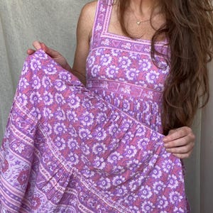Vintage 70s Indian Cotton Sundress, Floral Blockprint, Pink and Purple, Tiered Skirt, Size Small/Med