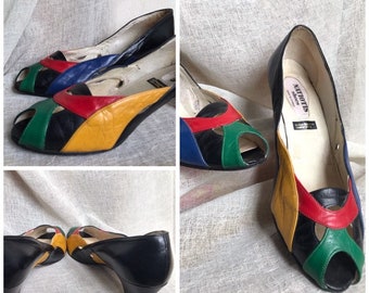 Vintage 80s Multicolor Leather Pumps, Size 8/8.5, Peep Toe, 80s Colorblock, Low Heel, Natiotis Shoes Cyprus