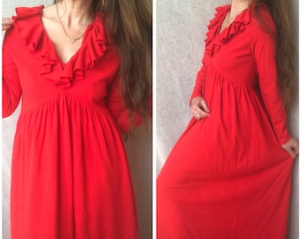 Vintage 70s Maxi Dress, Ruffle Collar,  by Montgomery Ward, Wool/Cotton Knit,  Vibrant Red Color, Size Large