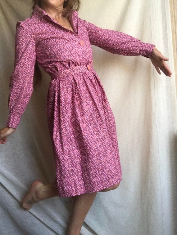 80’s Vintage Pink Polka Dot Dress with Puff Sleeve