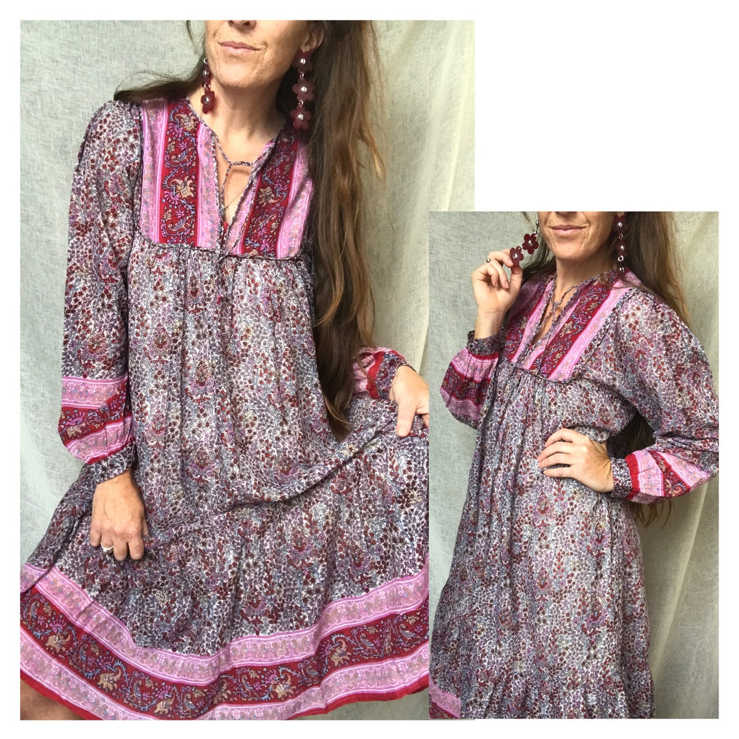 Vintage Indian Cotton Gauze Dress India Block Print Balloon Etsy